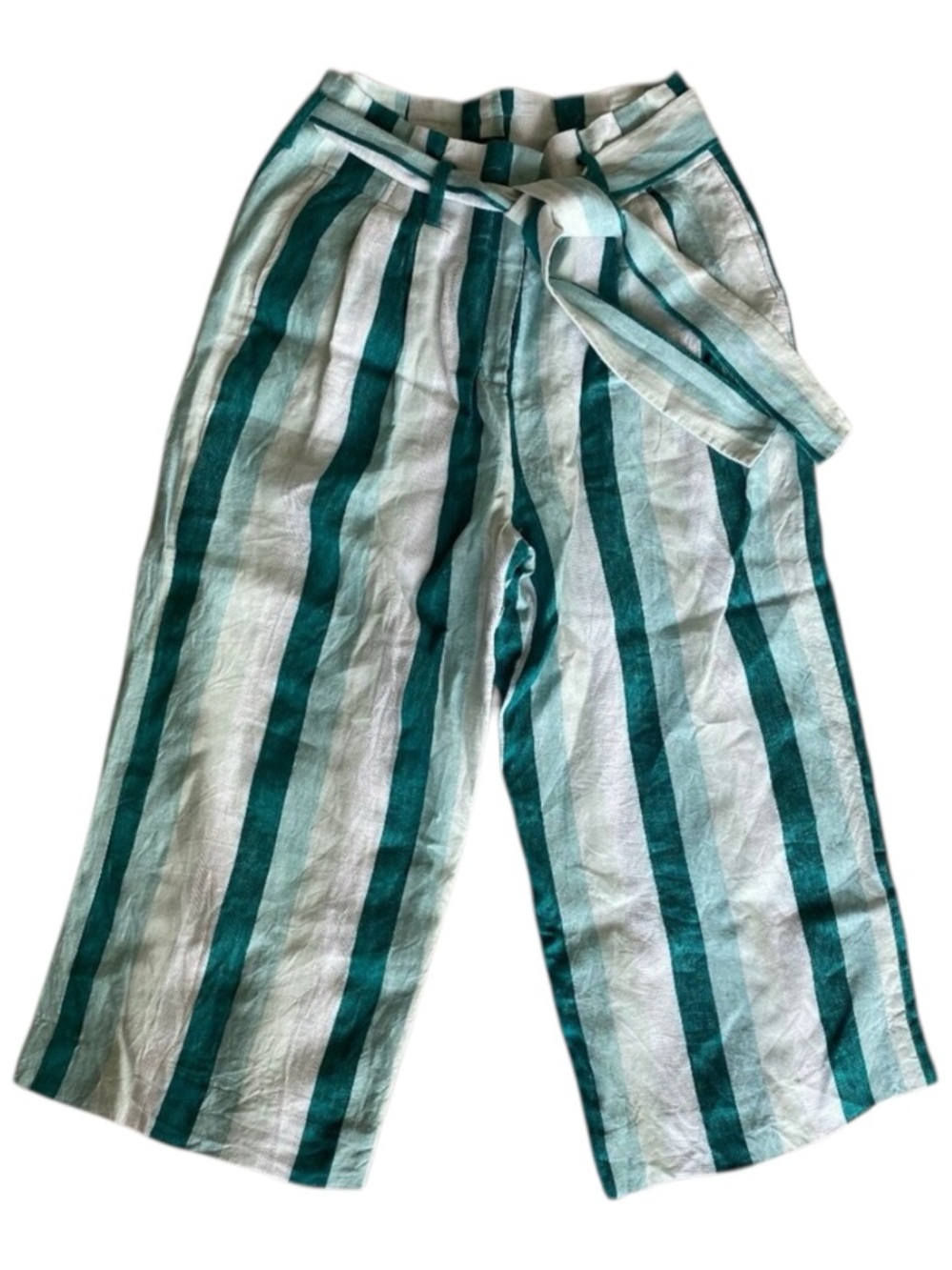 J.Crew Linen Stripe Crop Pants Tie Waist Wide Leg Teal White 12 - Picture 3 of 8